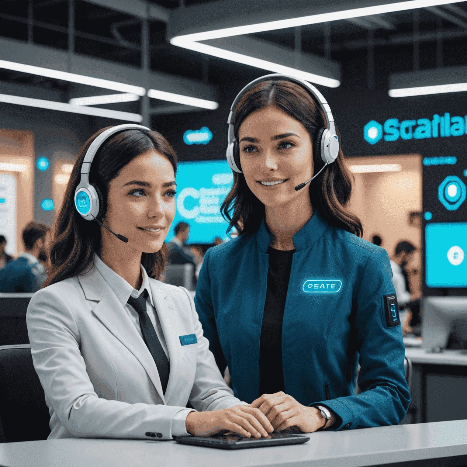 Futuristic customer service center with AI-powered chatbots and virtual assistants interacting with customers on various devices