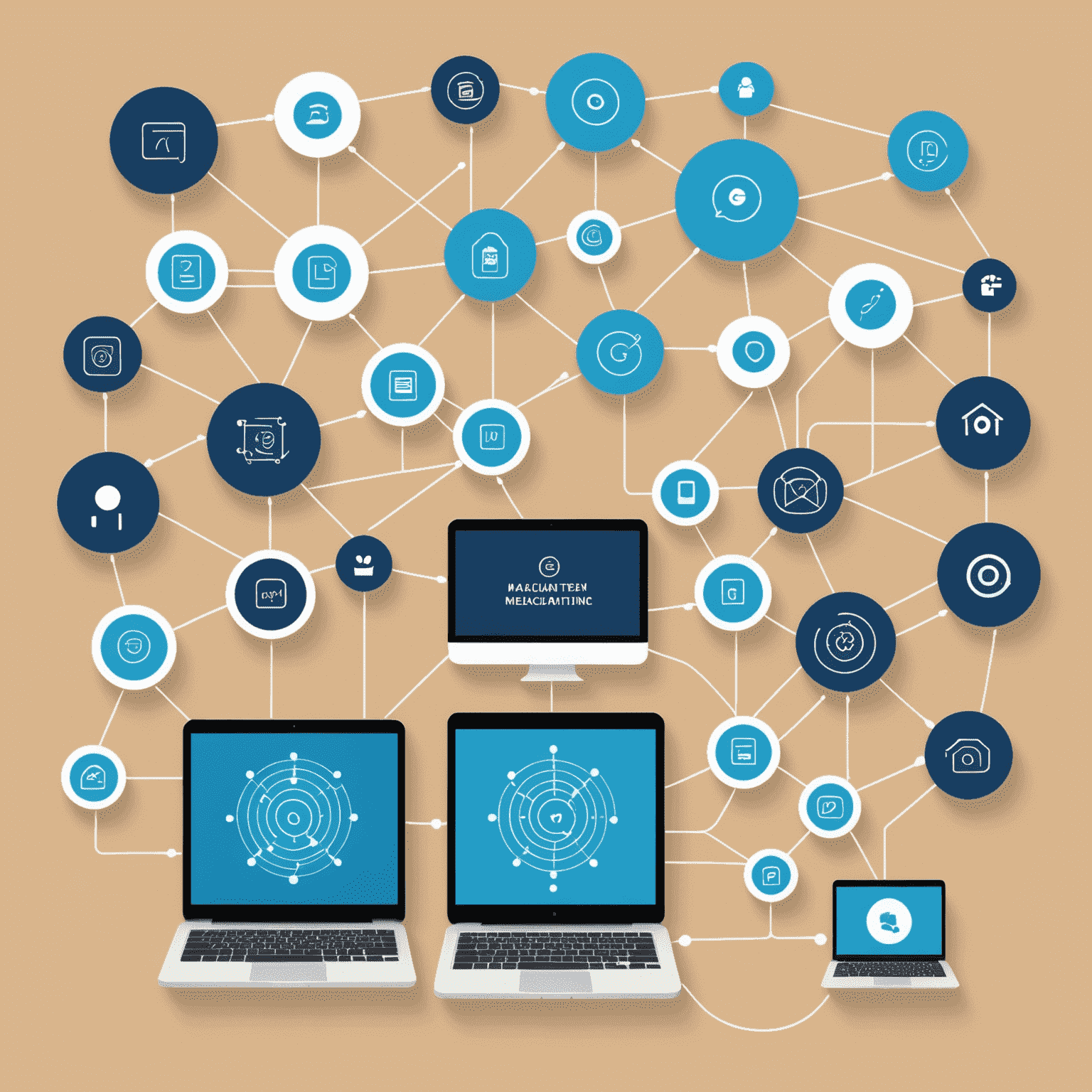 Visual representation of machine learning algorithms personalizing customer experiences across various digital touchpoints, including mobile devices, laptops, and smart speakers. The image shows data streams connecting these devices to a central AI system, symbolizing the flow of personalized content and recommendations.