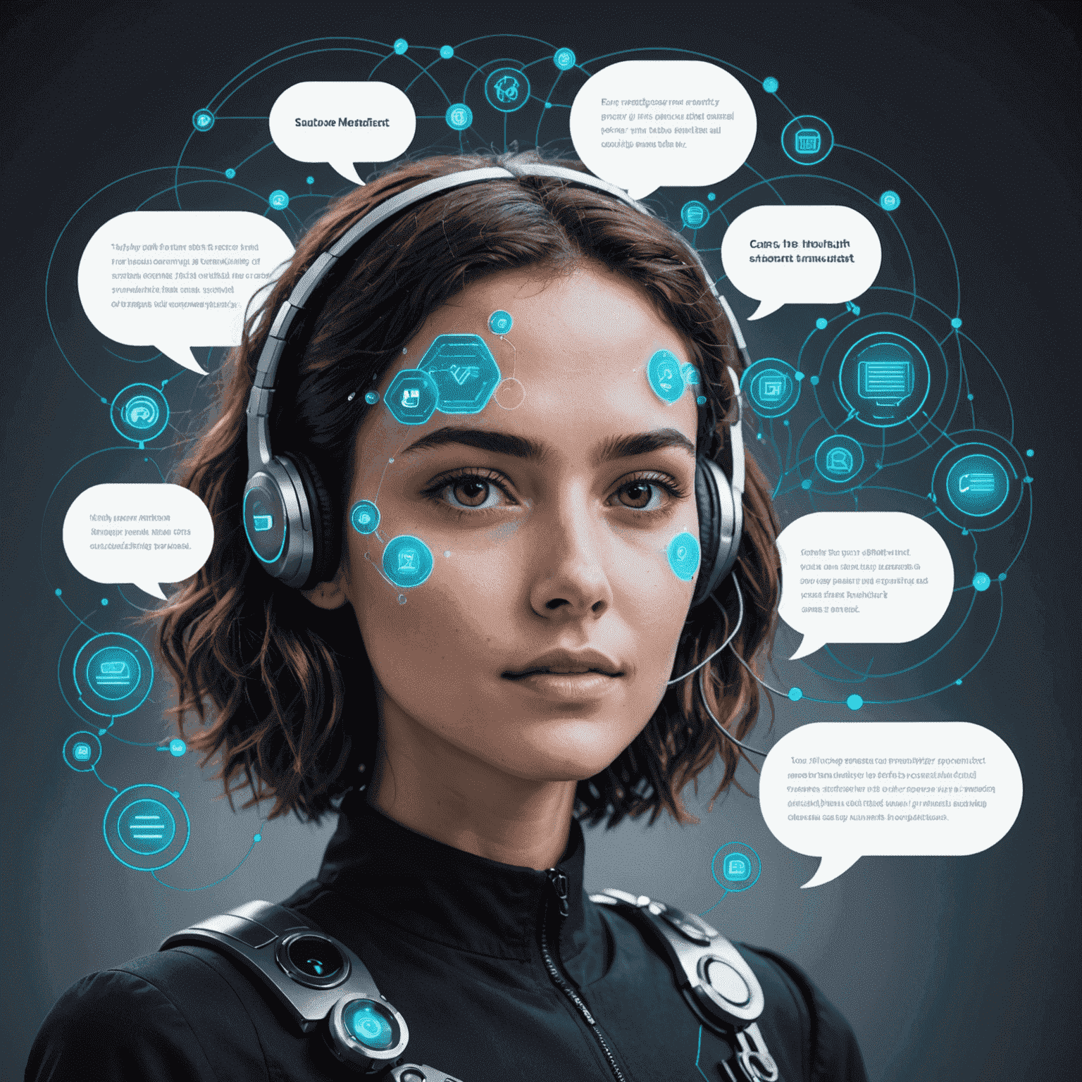 A futuristic chatbot interface with multiple conversation bubbles, showcasing natural language processing capabilities and sentiment analysis visualizations