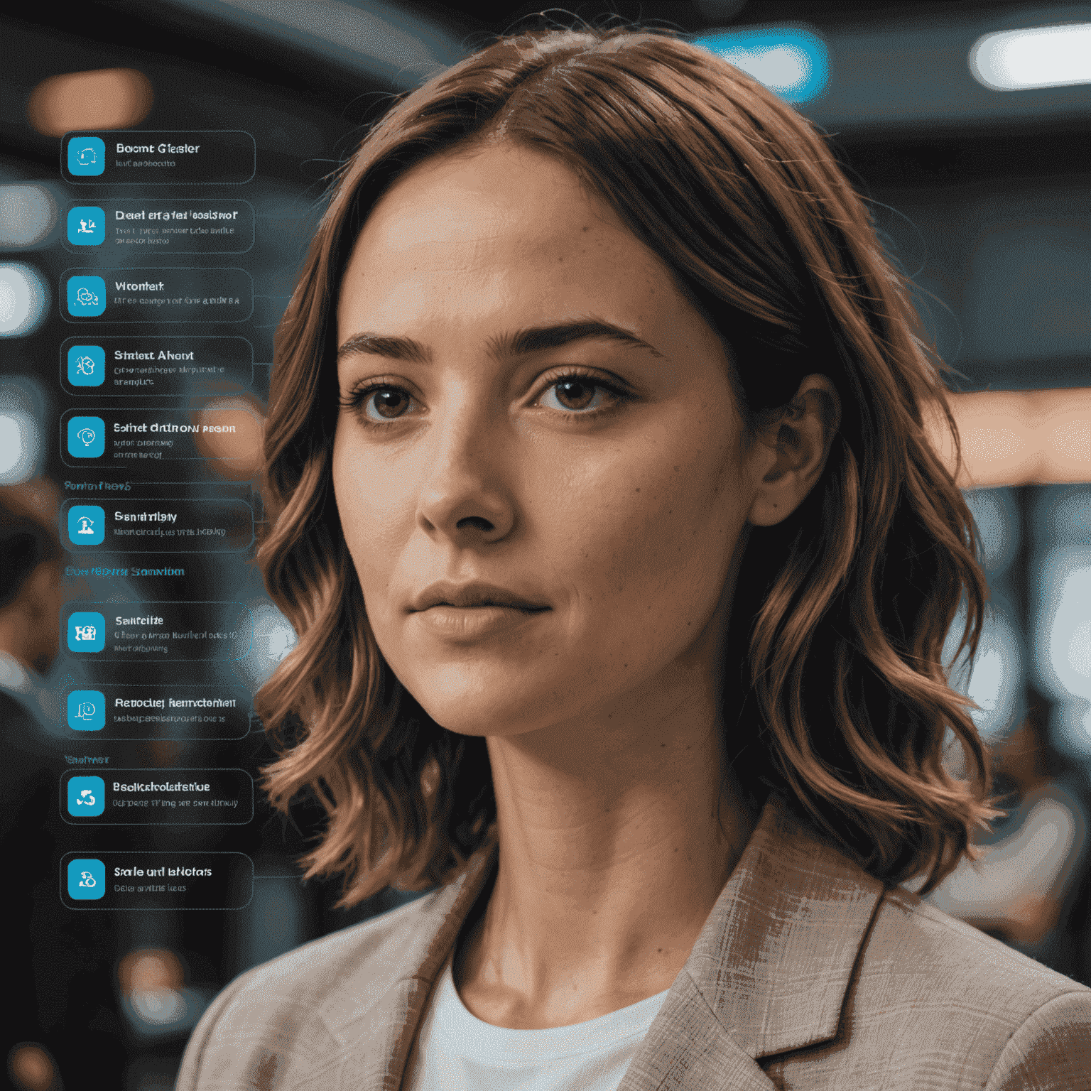 An advanced AI chatbot interface displaying natural language processing capabilities and sentiment analysis in action. The interface shows a conversation between a customer and the AI, with visual indicators of detected sentiment and key phrases being processed.