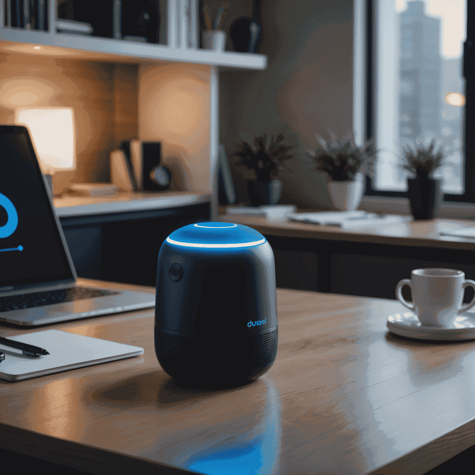 A modern AI-powered voice assistant device with a glowing blue light, placed on a sleek desk in a home office setting. The device is responding to a person's voice command, with visual sound waves emanating from it.