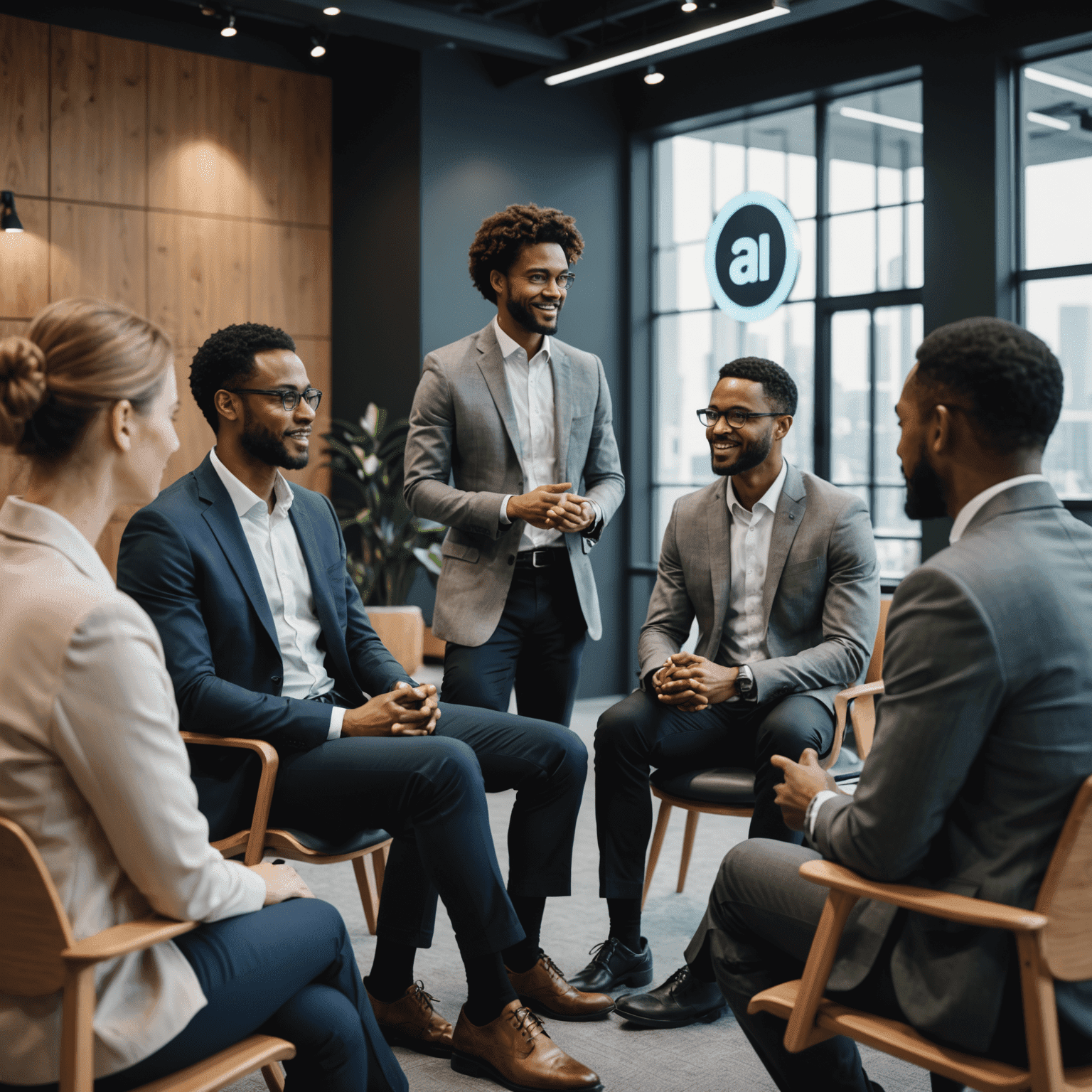 Diverse group of business professionals engaging in a discussion about AI and customer experience at a modern conference venue