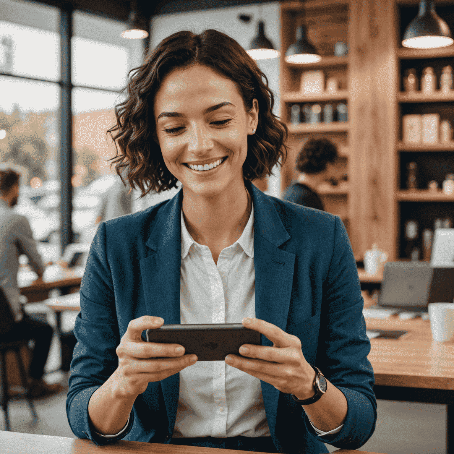 Split-screen showing a virtual assistant interface on a smartphone and a customer smiling while using the service