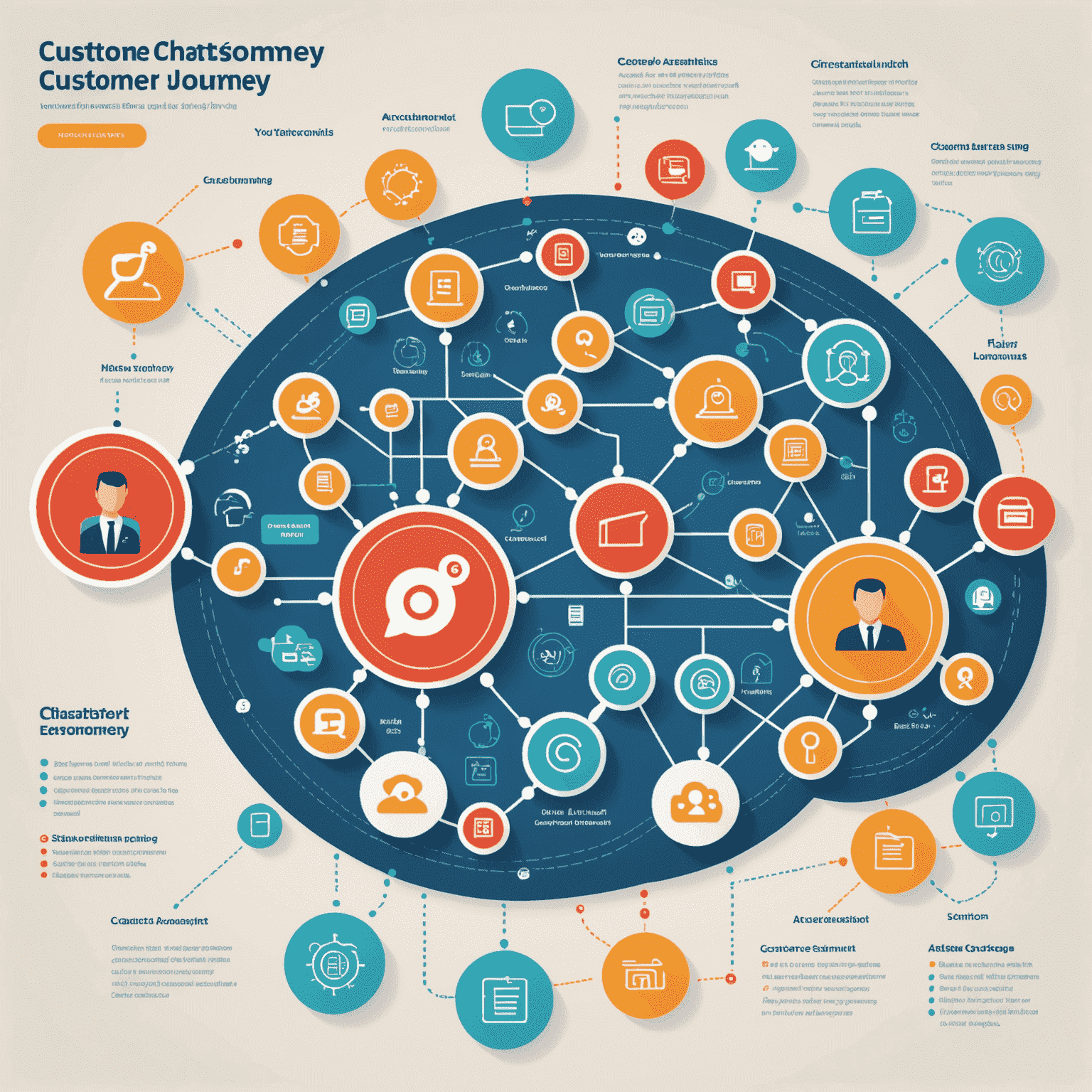 A visual representation of a personalized customer journey map, showcasing how AI chatbots interact at various touchpoints. The image includes icons representing different stages of the customer journey, with AI chatbot assistance highlighted at key moments.