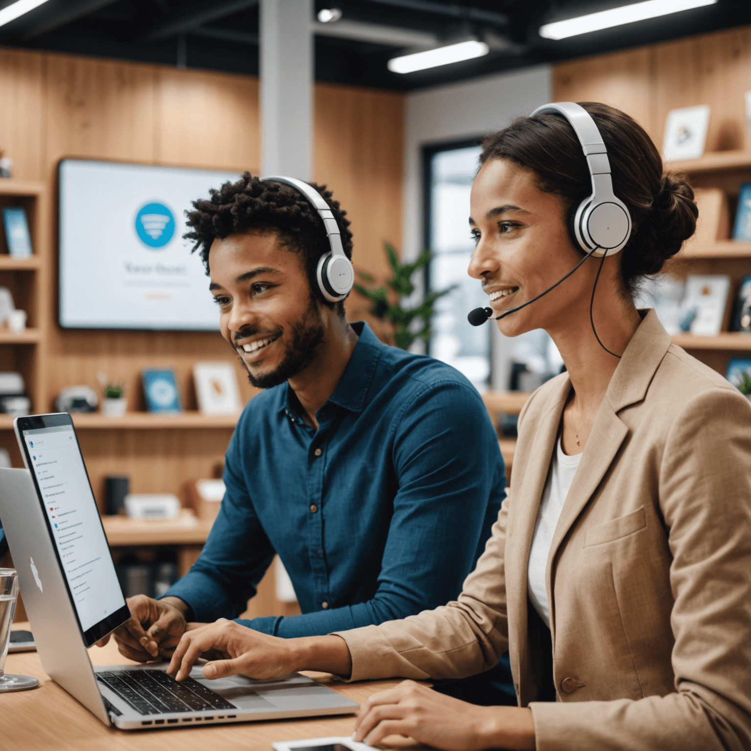 A split-screen image showing a person using a voice assistant for online shopping on one side, and a customer service representative assisted by an AI voice system on the other. The image illustrates the dual use of voice technology in e-commerce and customer support.