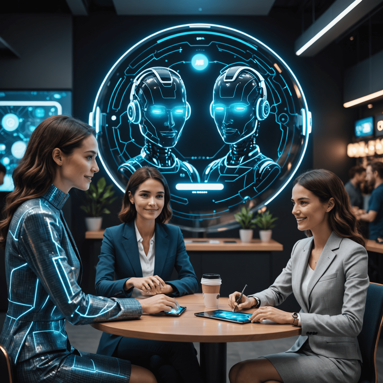 A futuristic image depicting AI chatbots and virtual assistants interacting with customers, showing holographic interfaces and satisfied customers.