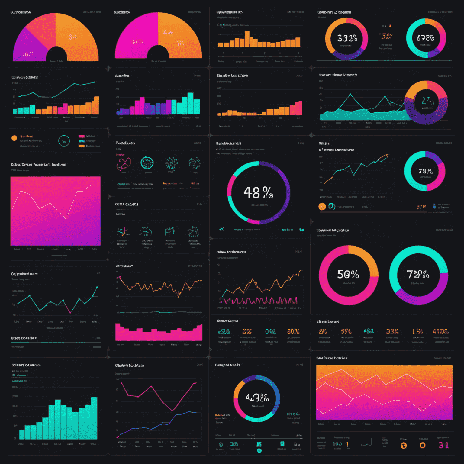 A series of graphs and charts showing customer behavior patterns, with AI-generated predictions highlighted in neon colors