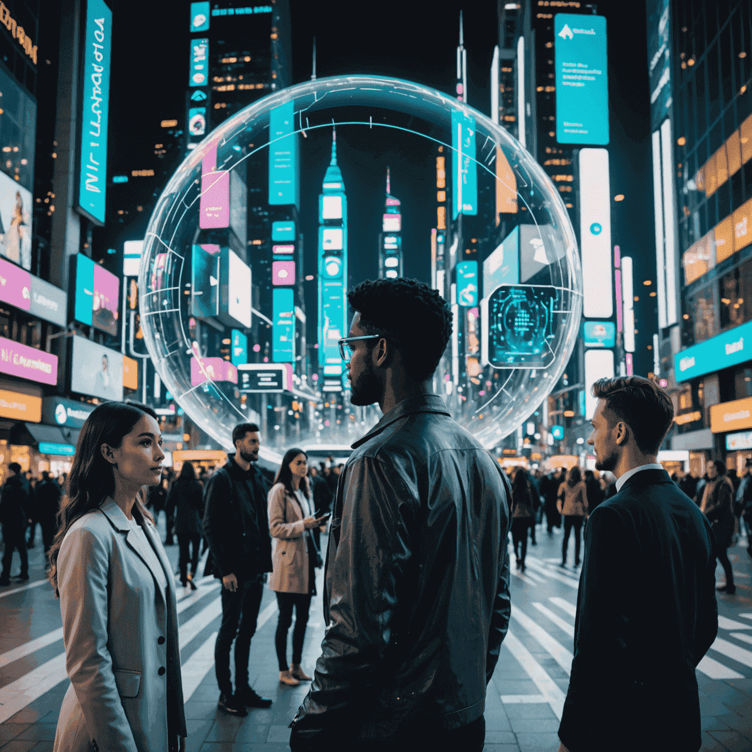 A futuristic cityscape with holographic displays showing various voice assistant interfaces. People of diverse backgrounds are interacting with these assistants for different purposes, from getting directions to receiving personalized product recommendations.