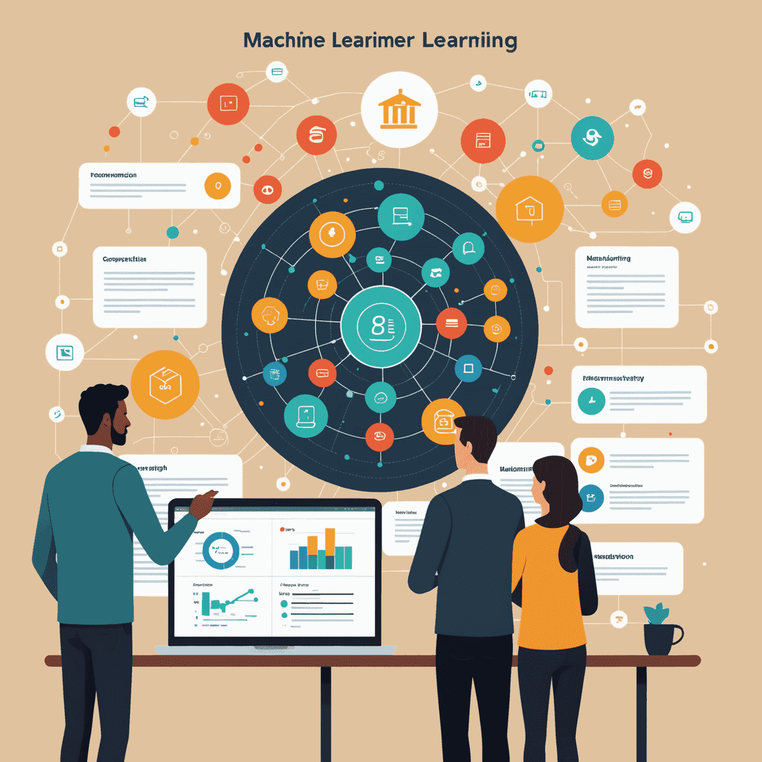 A visual representation of machine learning algorithms analyzing customer data, with personalized recommendations and experiences being generated for individual users.