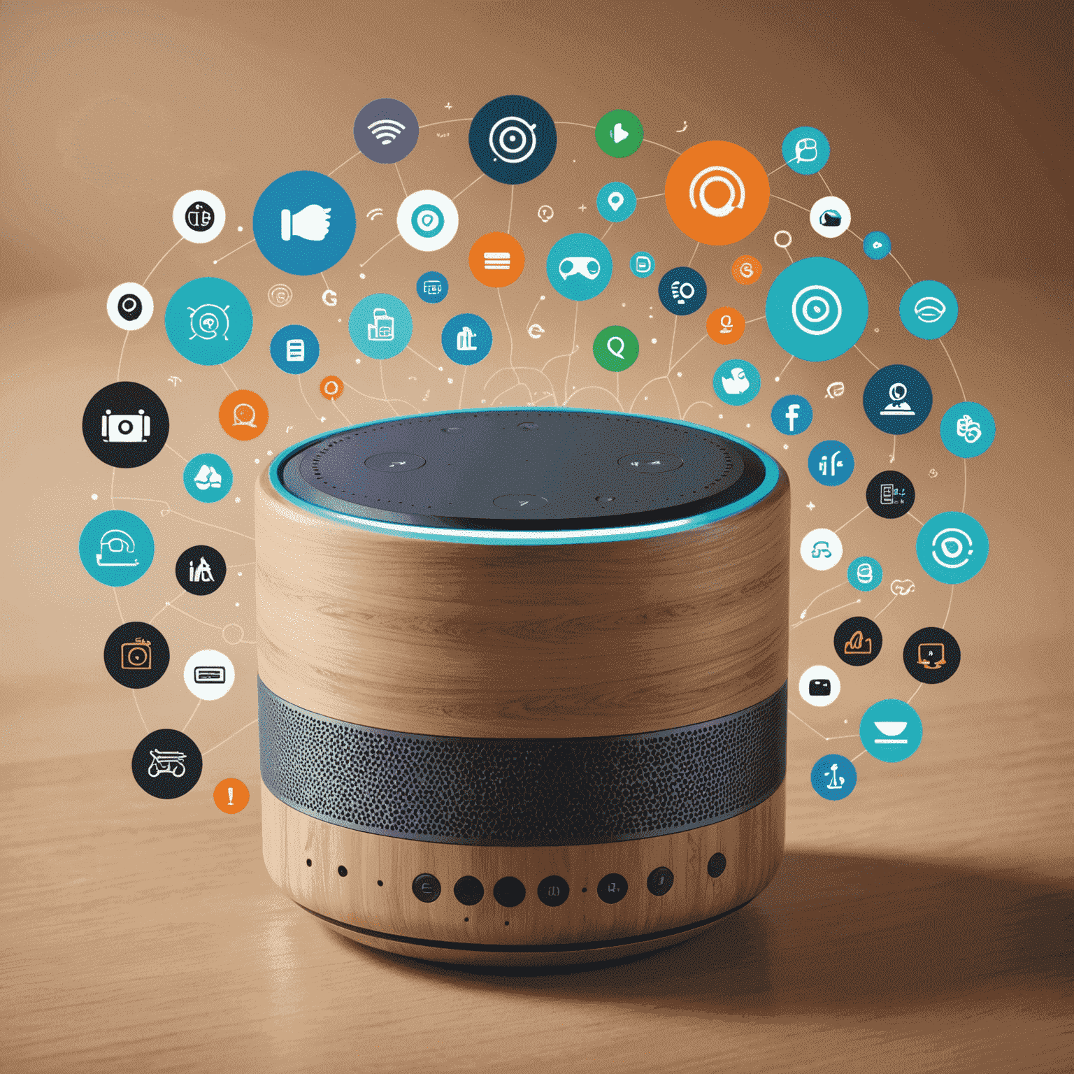 A modern smart speaker with visual sound waves, surrounded by icons representing various voice-controlled services and e-commerce capabilities